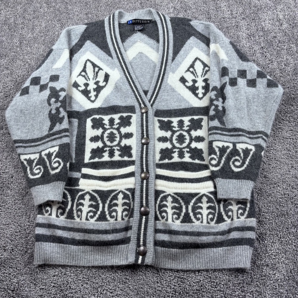 Vintage IB Diffusion Cardigan‎ Sweater Womens L Gray Geometric 1991 Rabbit Hair